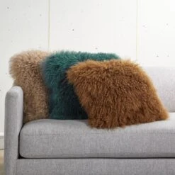Teal Mongolian Sheepskin Fur Throw Pillow With Down-Alternative Insert 16" -Home Series Shop BrownMongolianPillowGroupFHS20