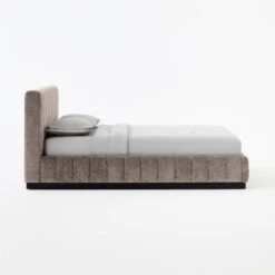 Forte Channeled Grey Velvet Queen Bed -Home Series Shop ForteGreyLushNickelQBedSDSSS21