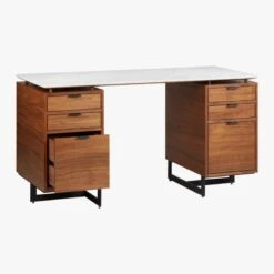 Fullerton 6-Drawer Walnut Wood Desk With White Marble Top -Home Series Shop FullertonMdlrDskW2DrwrsAVS18