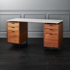 Fullerton 6-Drawer Walnut Wood Desk With White Marble Top