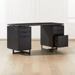Fullerton 6-Drawer Black Oak Wood Desk With Black Marble Top -Home Series Shop FullertonModBkDkW2BkDrwAV2SHF20 1x1