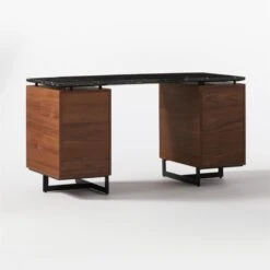Fullerton 6-Drawer Walnut Wood Desk With Black Marble Top -Home Series Shop FullertonModBkDkW2WltDrw3QBF20