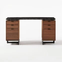 Fullerton 6-Drawer Walnut Wood Desk With Black Marble Top -Home Series Shop FullertonModBkDkW2WltDrwSOF20