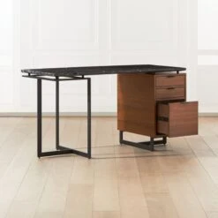 Fullerton 3-Drawer Metal And Walnut Wood Desk With Black Marble Top -Home Series Shop FullertonModBkDkWWlDrNLgAV2SHF20 1x1