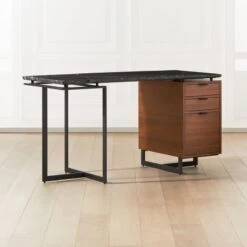Fullerton 3-Drawer Metal And Walnut Wood Desk With Black Marble Top -Home Series Shop FullertonModBkDkWWlDrNLgAVSHF20 1x1