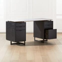 Fullerton 6-Drawer Black Oak Wood Desk With White Marble Top -Home Series Shop FullertonModWtDkW2BkDrwAV2SHF20 1x1