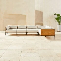 Naya 4-Piece Cast Iron And Teak Sectional Sofa With Ivory Sunbrella ® Cushions